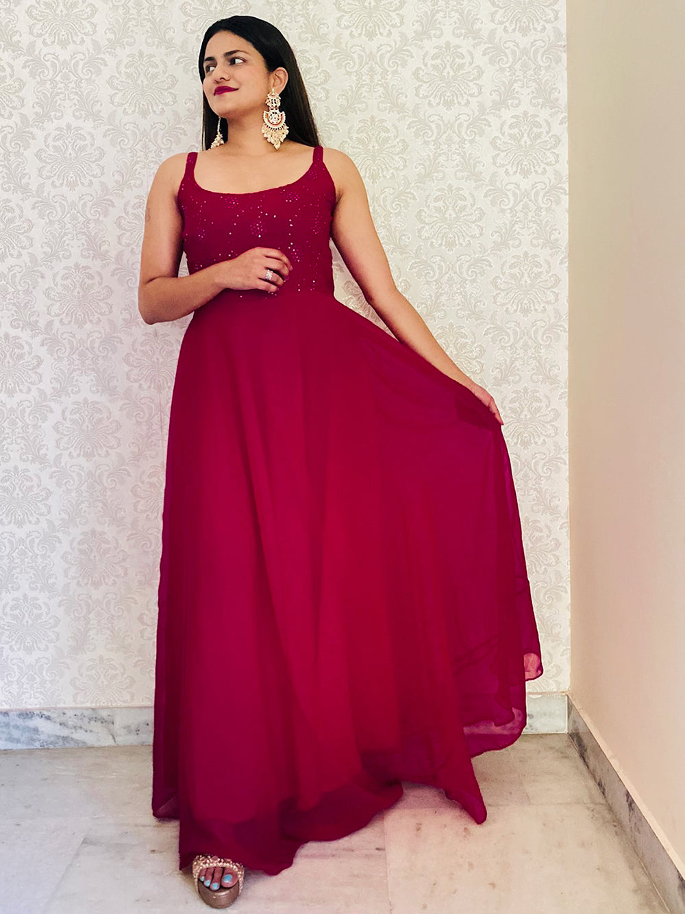 Georgette Simple Gown, Red at Rs 550 in Surat | ID: 2850658606897